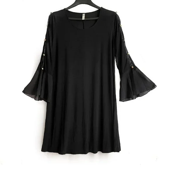 black dress below knee Morgan Black Diagonal Seam Dress main image 1